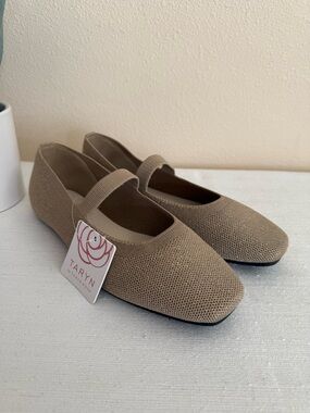 New Taryn Tan/Golden Knit Mary Jane Flats with Strap